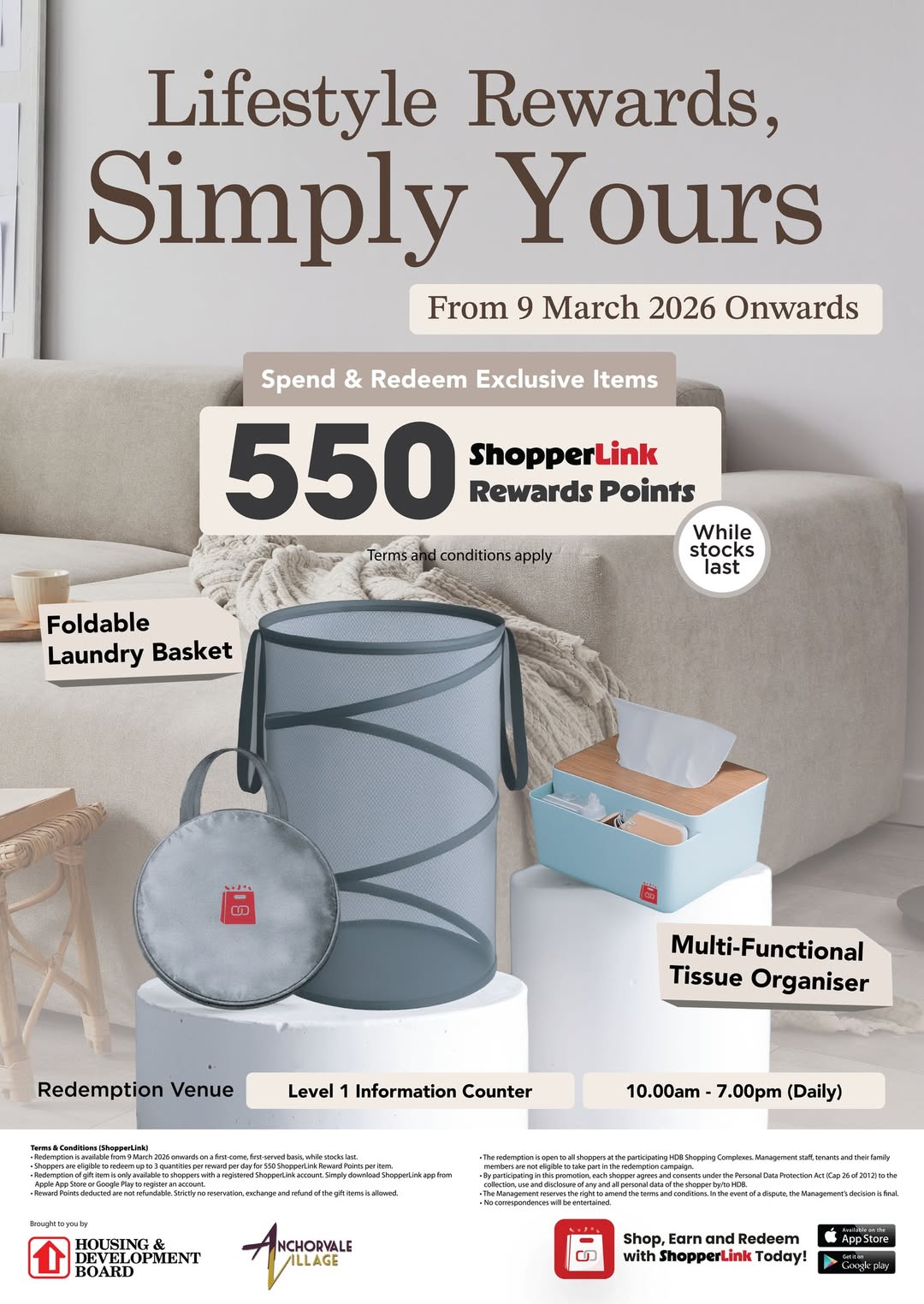 Exclusive lifestyle essentials including a laundry basket and tissue organizer available for ShopperLink Rewards redemption
