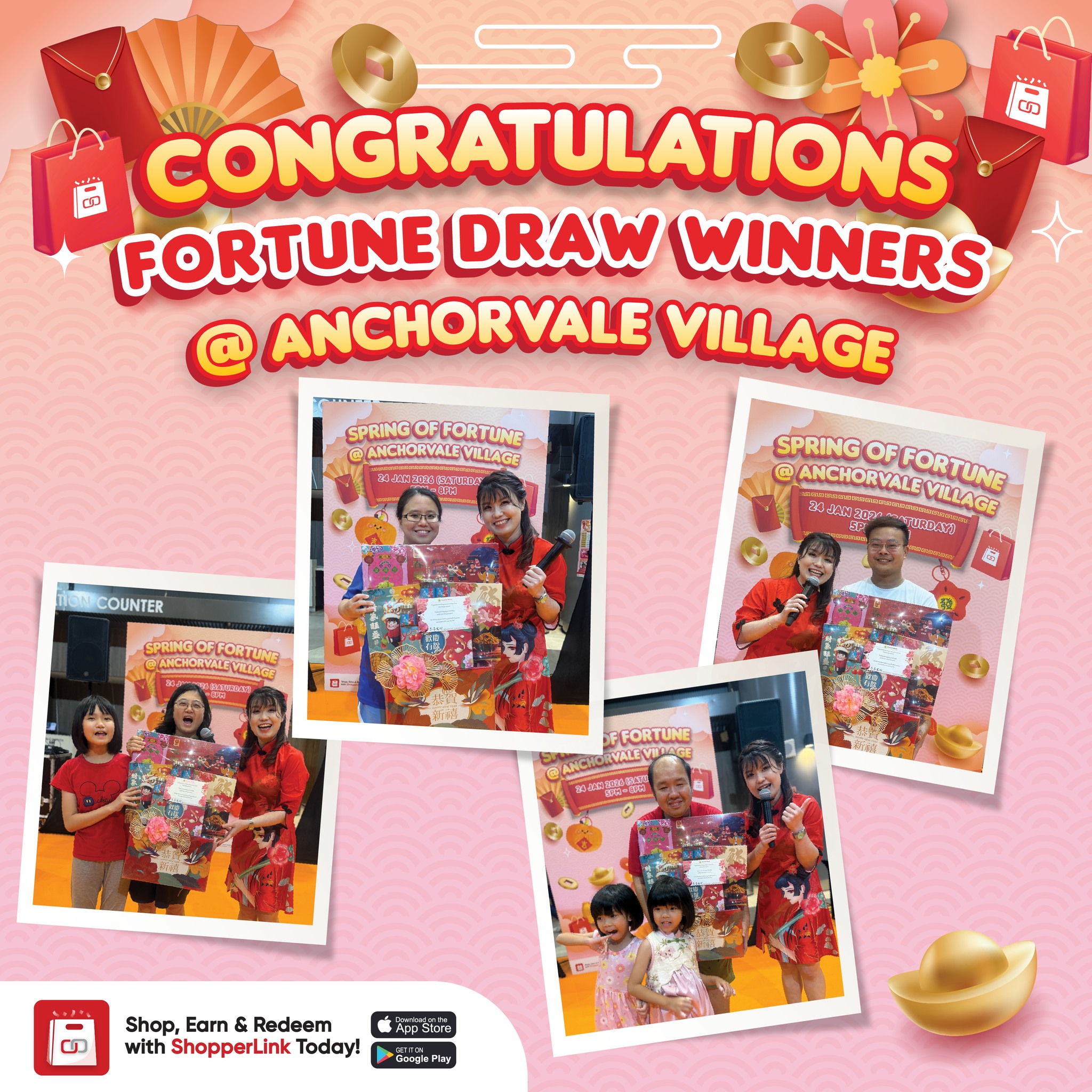 A group of winners posing with their prizes at the Lunar New Year celebration