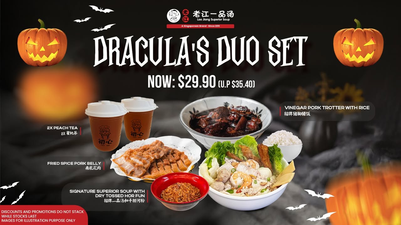 A beautifully arranged Dracula's Duo Set with various steaming dishes and drinks