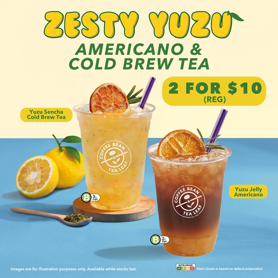 A vibrant image showcasing The Coffee Bean & Tea Leaf Singapore's Yuzu Jelly Americano and Yuzu Sencha Cold Brew Tea, garnished and ready to drink.