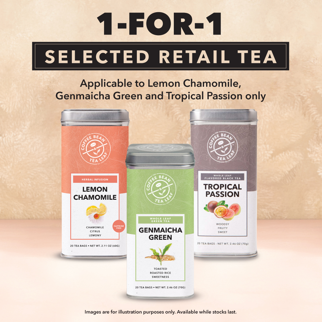 A selection of Coffee Bean & Tea Leaf retail tea boxes, possibly featuring Lemon Chamomile, Genmaicha Green, and Tropical Passion flavors.