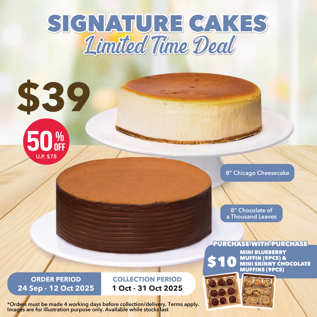 Two delectable whole cakes, a rich chocolate cake and a creamy cheesecake, from The Coffee Bean & Tea Leaf Singapore