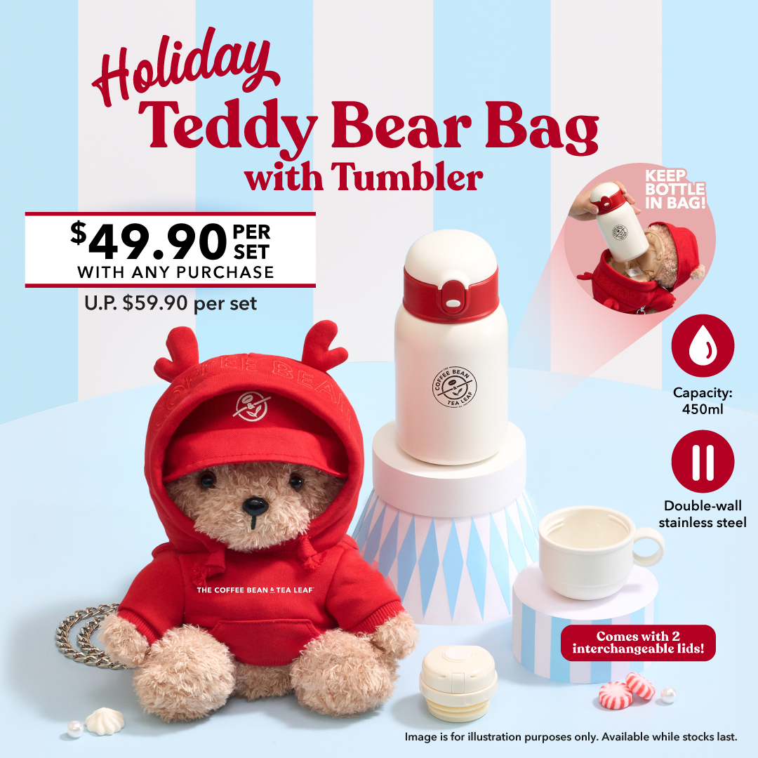 The Coffee Bean & Tea Leaf Singapore Holiday Teddy Bear Bag with Tumbler, featuring a red reindeer hoodie and a stainless steel tumbler.