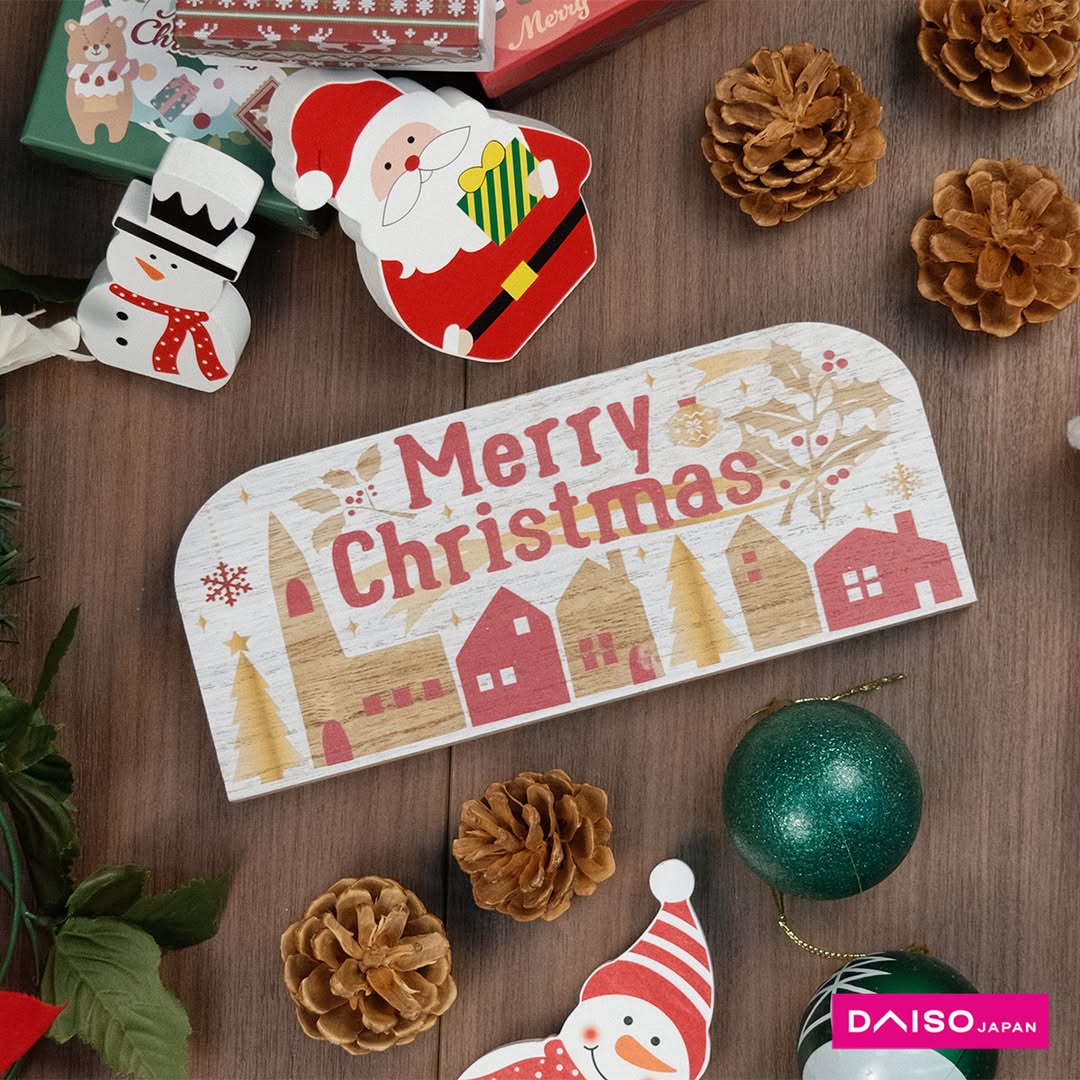 A display of DAISO Christmas decorations and party supplies