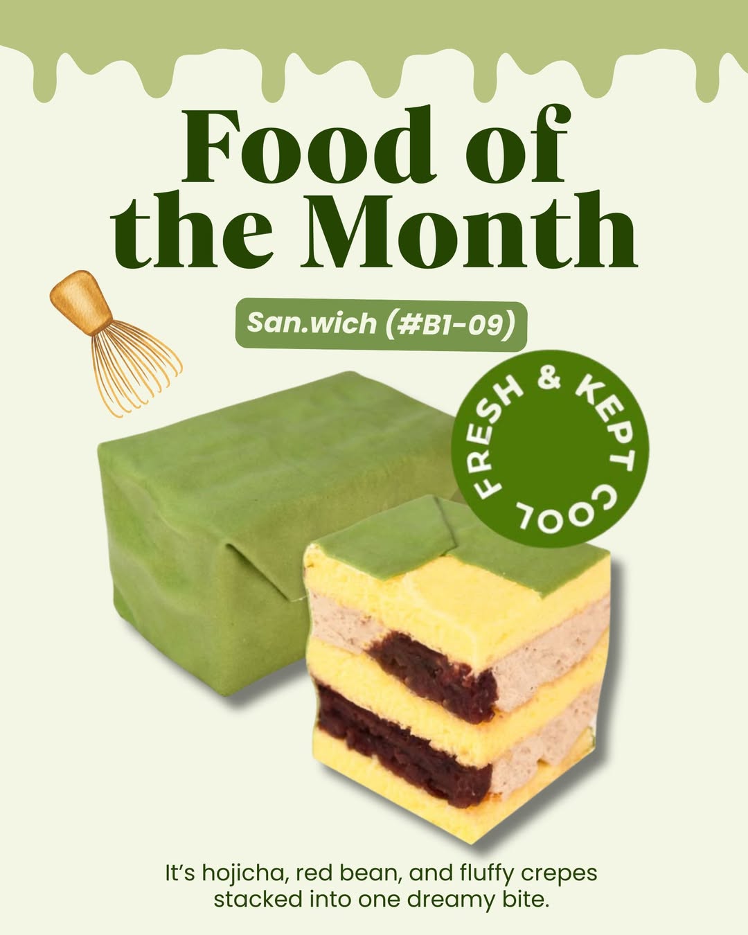 Soft layers of hojicha, red bean, and fluffy crepes stacked together.