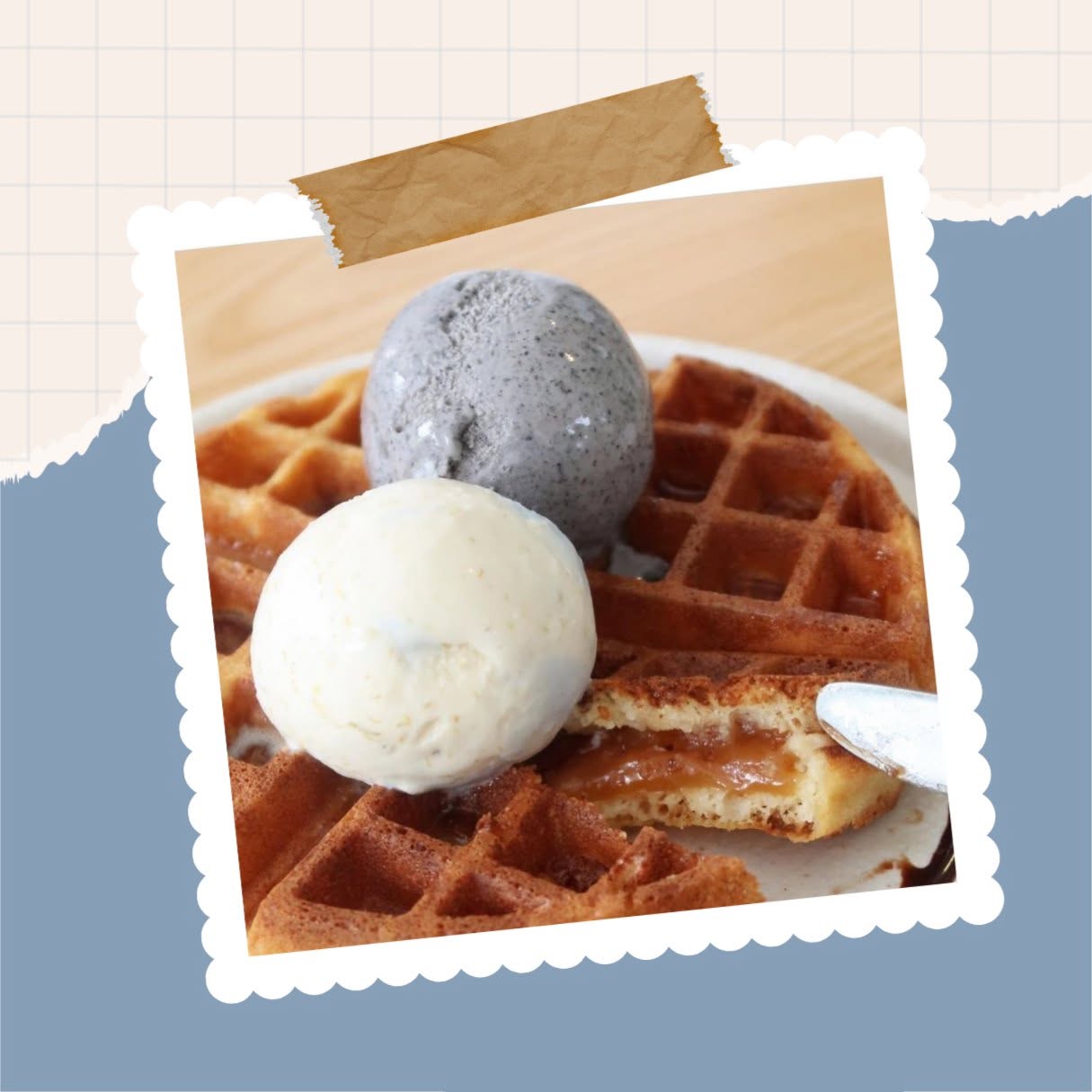 Waffle with two scoops of ice cream and caramel drizzle