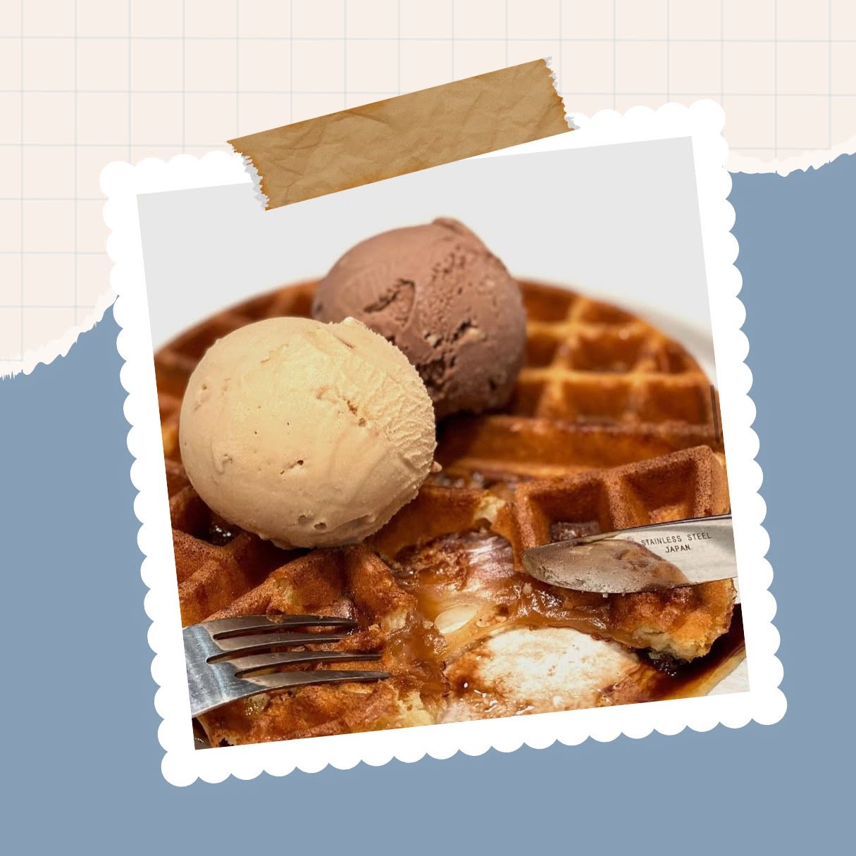 Waffle with vanilla and chocolate ice cream served on a plate