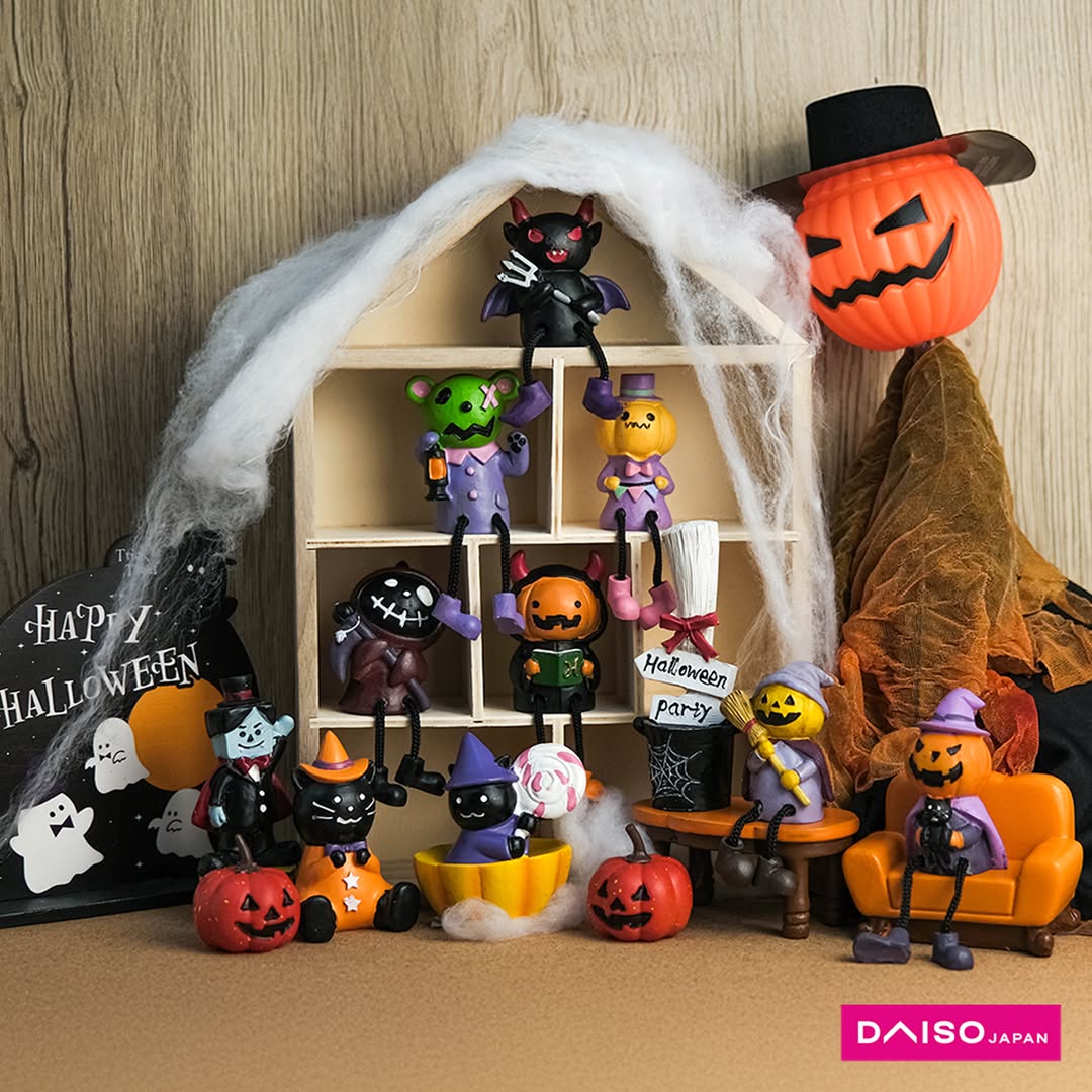 A vibrant display of Halloween decorations, party props, and quirky costumes available at DAISO Singapore.