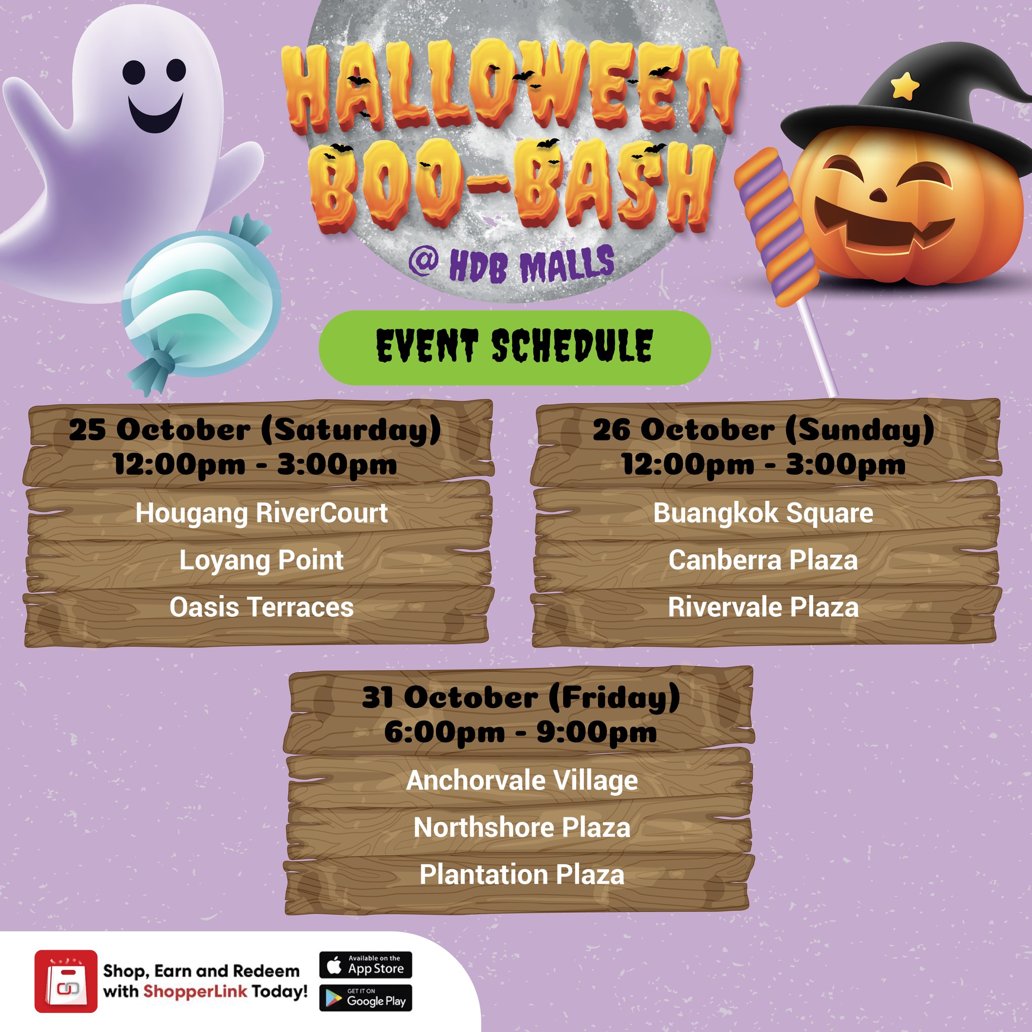 A festive Halloween event banner with pumpkins and spooky decorations