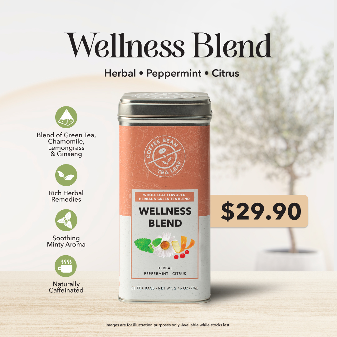 A warm, inviting cup of The Coffee Bean & Tea Leaf Singapore's Wellness Blend tea, with steam gently rising