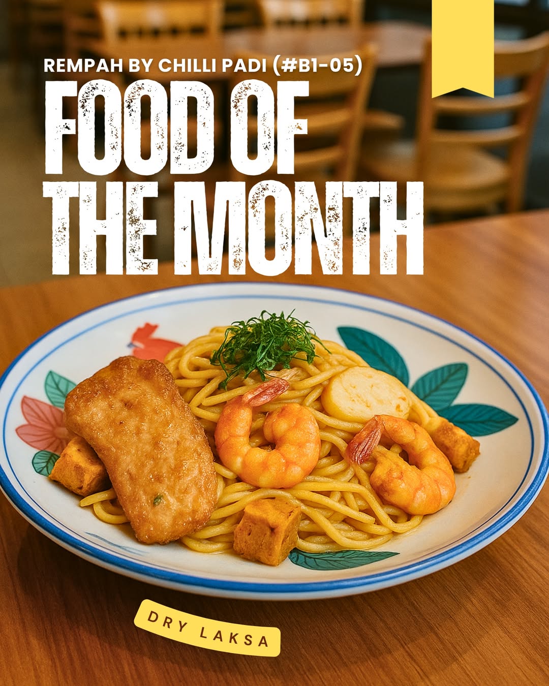 A vibrant bowl of Dry Laksa, showcasing rich rempah and fresh seafood.