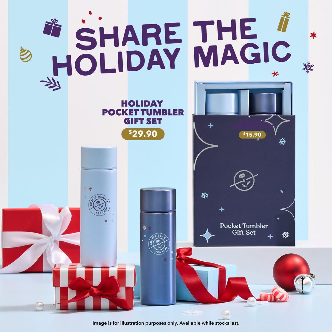 The Coffee Bean & Tea Leaf Singapore Holiday Pocket Tumbler Gift Set featuring blue and navy tumblers in a gift box.